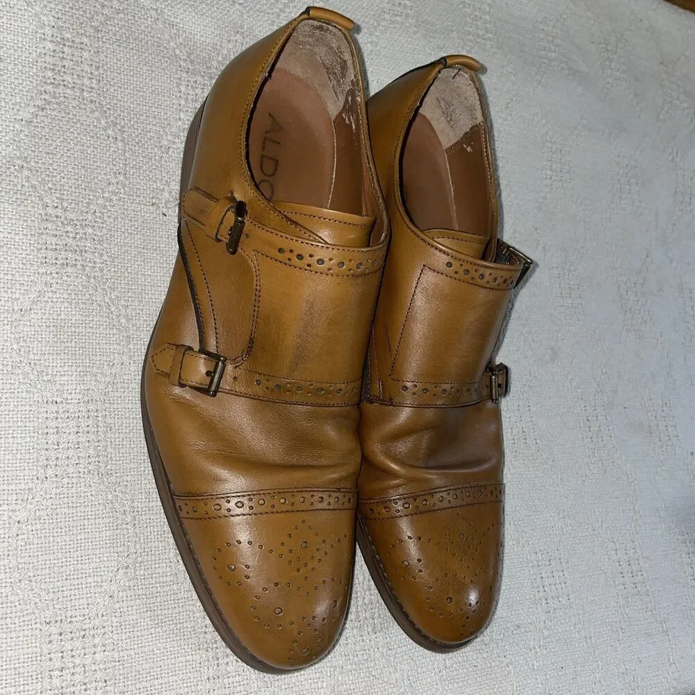 Aldo Men’s Double Monk Dress Shoes Size 43 U.S. 10 M Tan Leather Business Formal